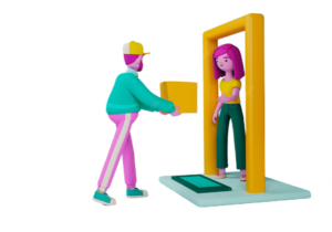 3d illustration of delivery man character giving box to woman 23
