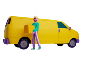 3d illustration of delivery man character holding box next to van